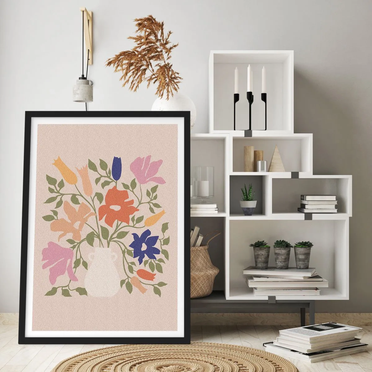 Plagát v čiernom ráme - Farebná kytica kvetov vo svetlej váze na béžovom pozadí - 50x70cm - Jemná kytica - Moderná nástenná dekorácia do obývacej izby a spálne ARTTOR