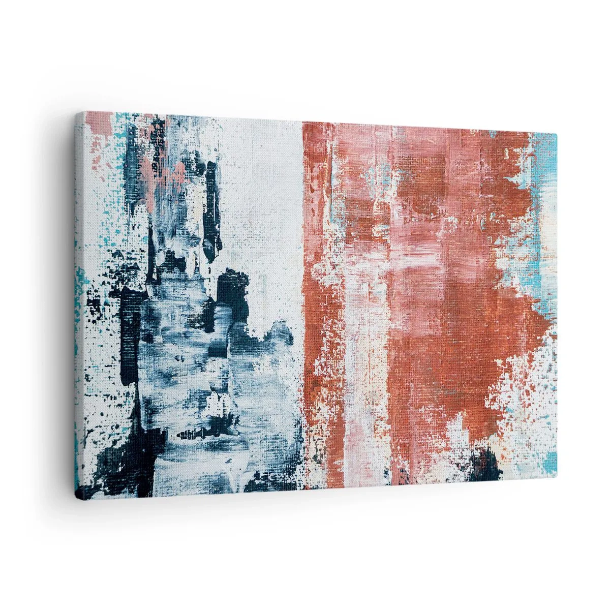 Obraz na plátne - Abstrakcia v bielych, modrých a tehlových farbách - 70x50cm - Abstraktné pol na pol - Moderná nástenná dekorácia do obývacej izby a spálne ARTTOR