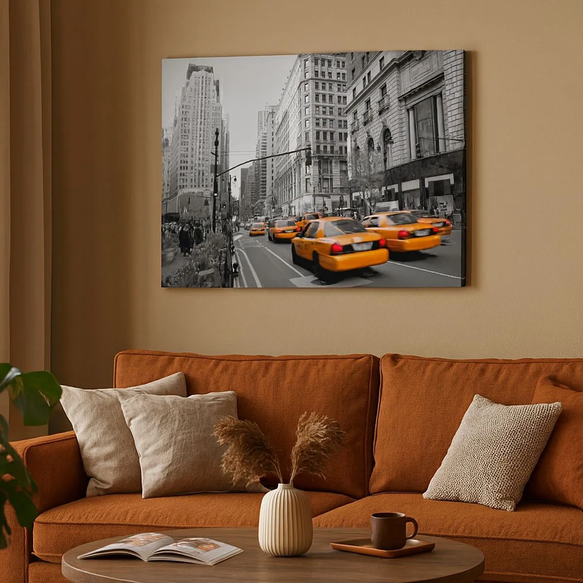 Obraz na plátne - Žlté taxíky v uliciach New Yorku - 70x50cm - Slnko veľkomesta - Moderná nástenná dekorácia do obývacej izby a spálne ARTTOR