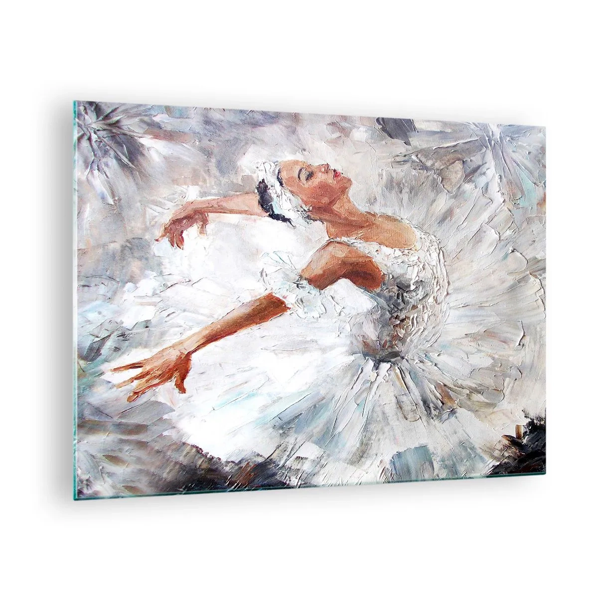 Obraz na skle - Baletka v bielom oblečení v dynamickej póze - 70x50cm - Jemná a ľahká ako tyl - Moderná nástenná dekorácia do obývacej izby a spálne ARTTOR