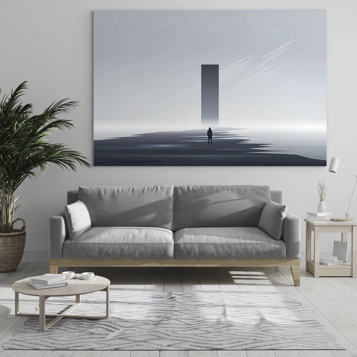 Obraz na skle - Minimalistická krajina s postavou a monolitom v diaľke. - 70x50cm - Príležitosť alebo hrozba? - Moderná nástenná dekorácia do obývacej izby a spálne ARTTOR