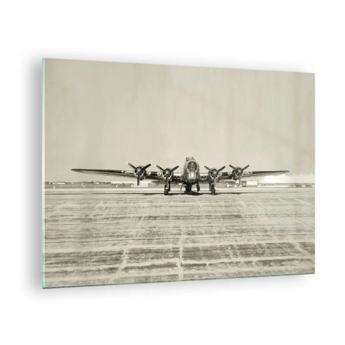 Obraz na skle - Historické lietadlo na letisku v sépiovom štýle - 70x50cm - Ako vždy pripravený - Moderná nástenná dekorácia do obývacej izby a spálne ARTTOR