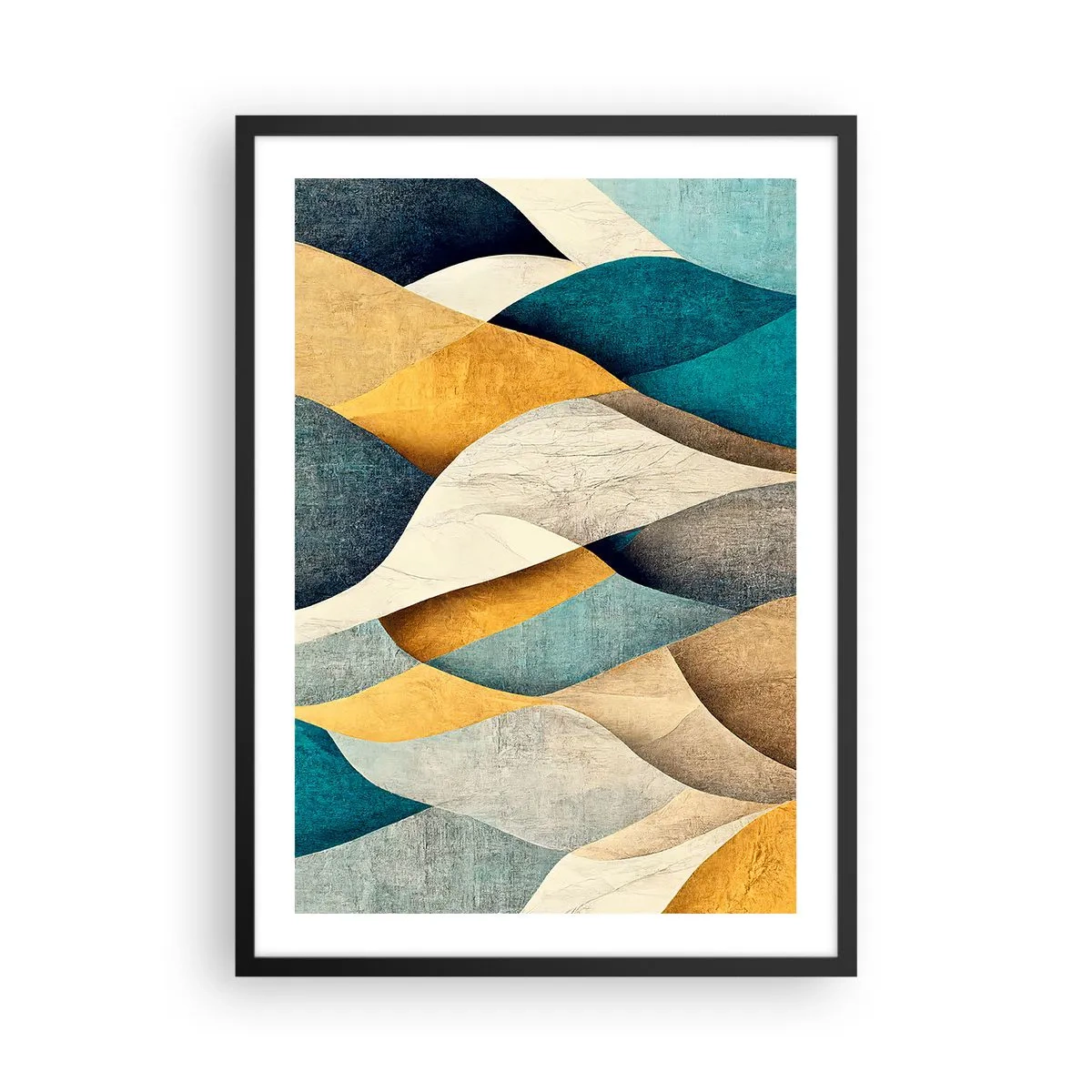 Plagát v čiernom ráme - Abstraktná kompozícia vlnitých tvarov v zlatých a modrých farbách. - 50x70cm - Rytmus a vlnenie - Moderná nástenná dekorácia do obývacej izby a spálne ARTTOR