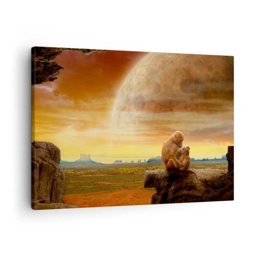 Obraz na plátne - Opice sediace na skale v surrealistickej krajine s obrovskou planétou - 70x50cm - Láska je všade rovnaká - Moderná nástenná dekorácia do obývacej izby a spálne ARTTOR