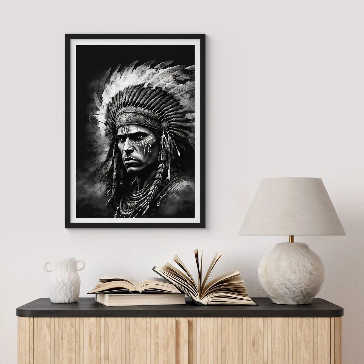 Plagát v čiernom ráme - Portrét bojovníka v tradičnej perovej čelenke - 50x70cm - Vodca a bojovník - Moderná nástenná dekorácia do obývacej izby a spálne ARTTOR
