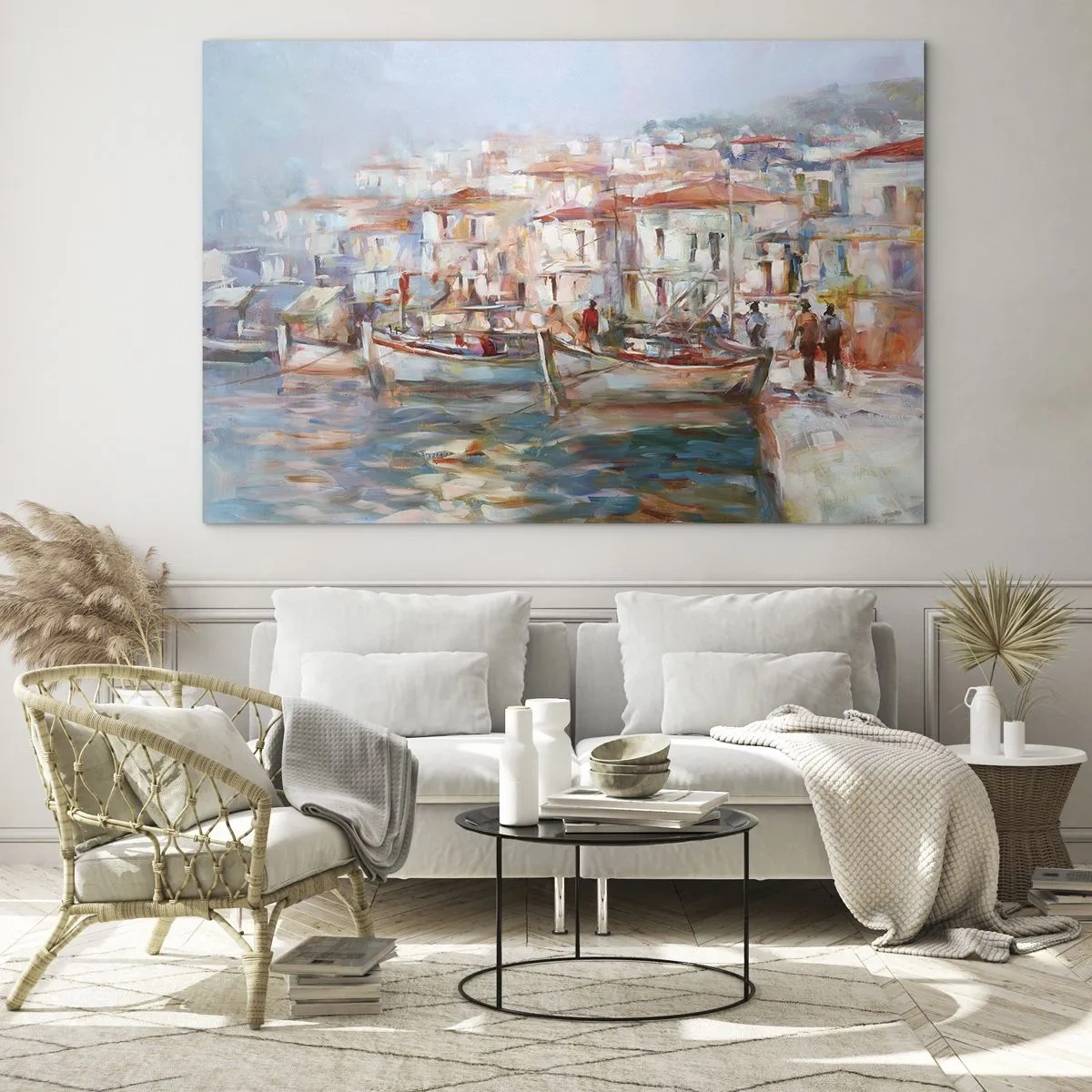 Obraz na skle - Malebný prístav s loďkami v pastelových farbách - 70x50cm - Pastelová dovolenka - Moderná nástenná dekorácia do obývacej izby a spálne ARTTOR