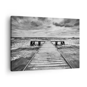 Obraz na plátne - Čiernobiely pohľad na drevené mólo nad rozbúreným morom. - 70x50cm - Čakám na vietor, čo rozfúka… - Moderná nástenná dekorácia do obývacej izby a spálne ARTTOR