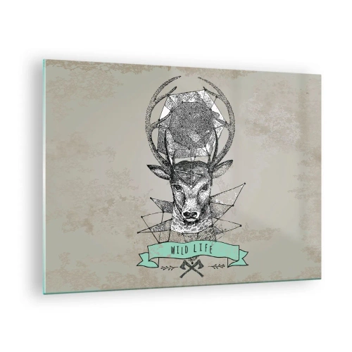 Obraz na skle - Geometrická kresba jeleňa s nápisom Wild Life - 70x50cm - Videnie sv. Huberta - Moderná nástenná dekorácia do obývacej izby a spálne ARTTOR