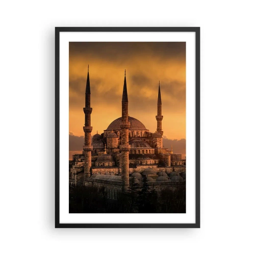 Plagát v čiernom ráme - Mešita pri západe slnka v teplých farbách - 50x70cm - Boh je veľký - Moderná nástenná dekorácia do obývacej izby a spálne ARTTOR