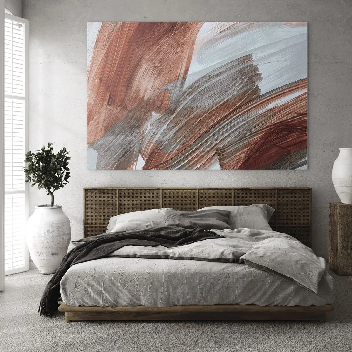 Obraz na skle - Dynamické ťahy štetcom v teplých jesenných farbách a chladných modrých odtieňoch. - 70x50cm - Jesenná veterná abstrakcia - Moderná nástenná dekorácia do obývacej izby a spálne ARTTOR