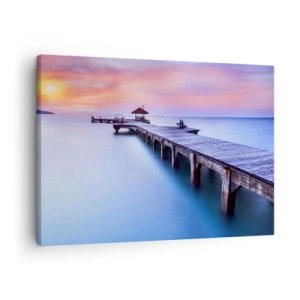 Obraz na plátne - Drevené mólo vedúce na vodu počas západu slnka - 70x50cm - More pokoja až po horizont - Moderná nástenná dekorácia do obývacej izby a spálne ARTTOR