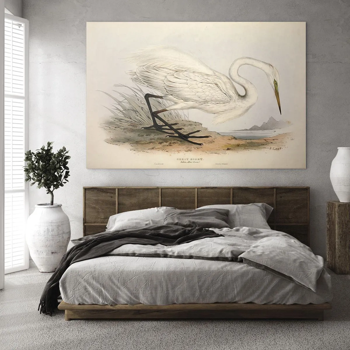 Obraz na skle - Vintage ilustrácia bielej volavky na okraji vody - 70x50cm - Pani rákosín - Moderná nástenná dekorácia do obývacej izby a spálne ARTTOR