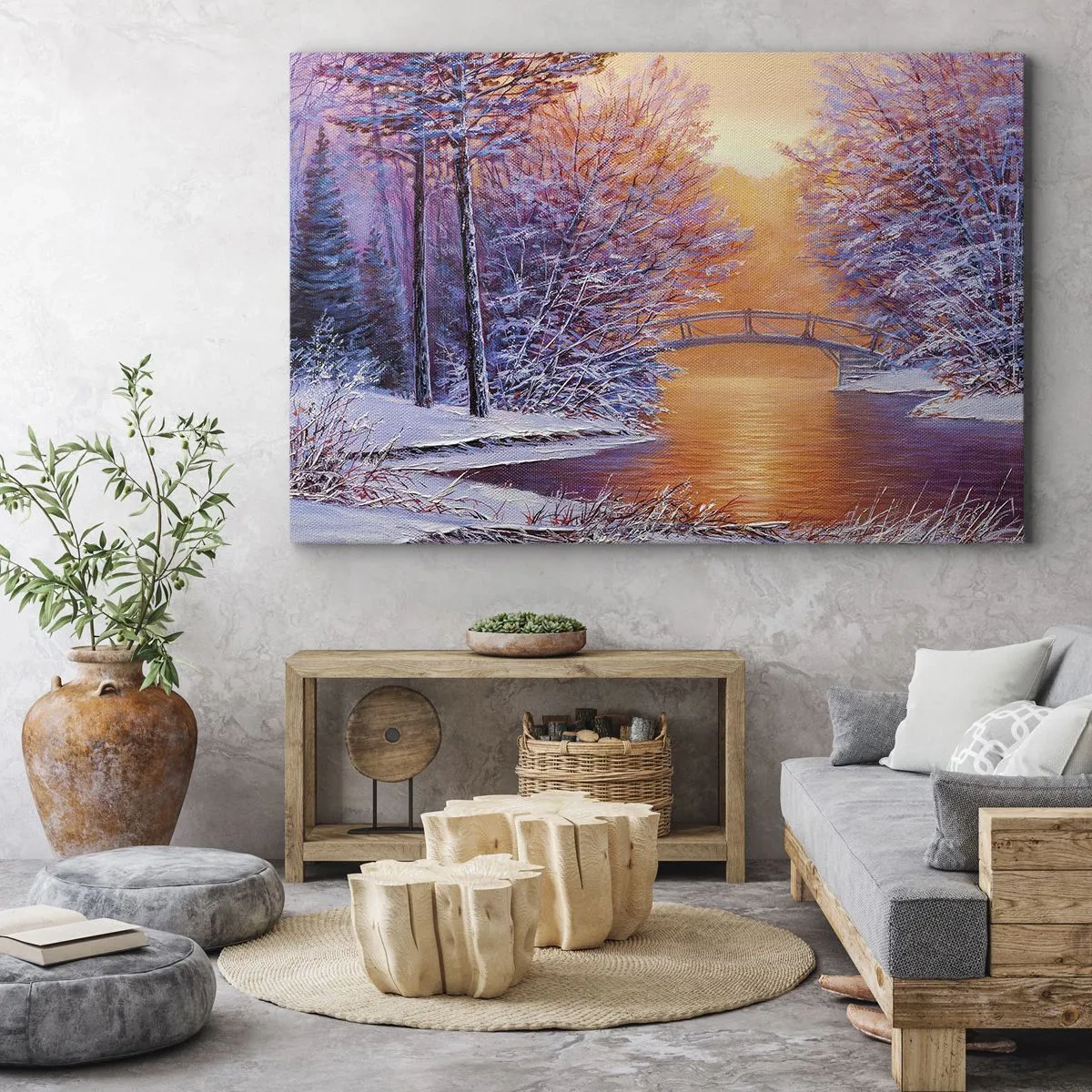 Obraz na plátne - Zimná krajina s mostom a západom slnka - 70x50cm - Stretneme sa tu - Moderná nástenná dekorácia do obývacej izby a spálne ARTTOR