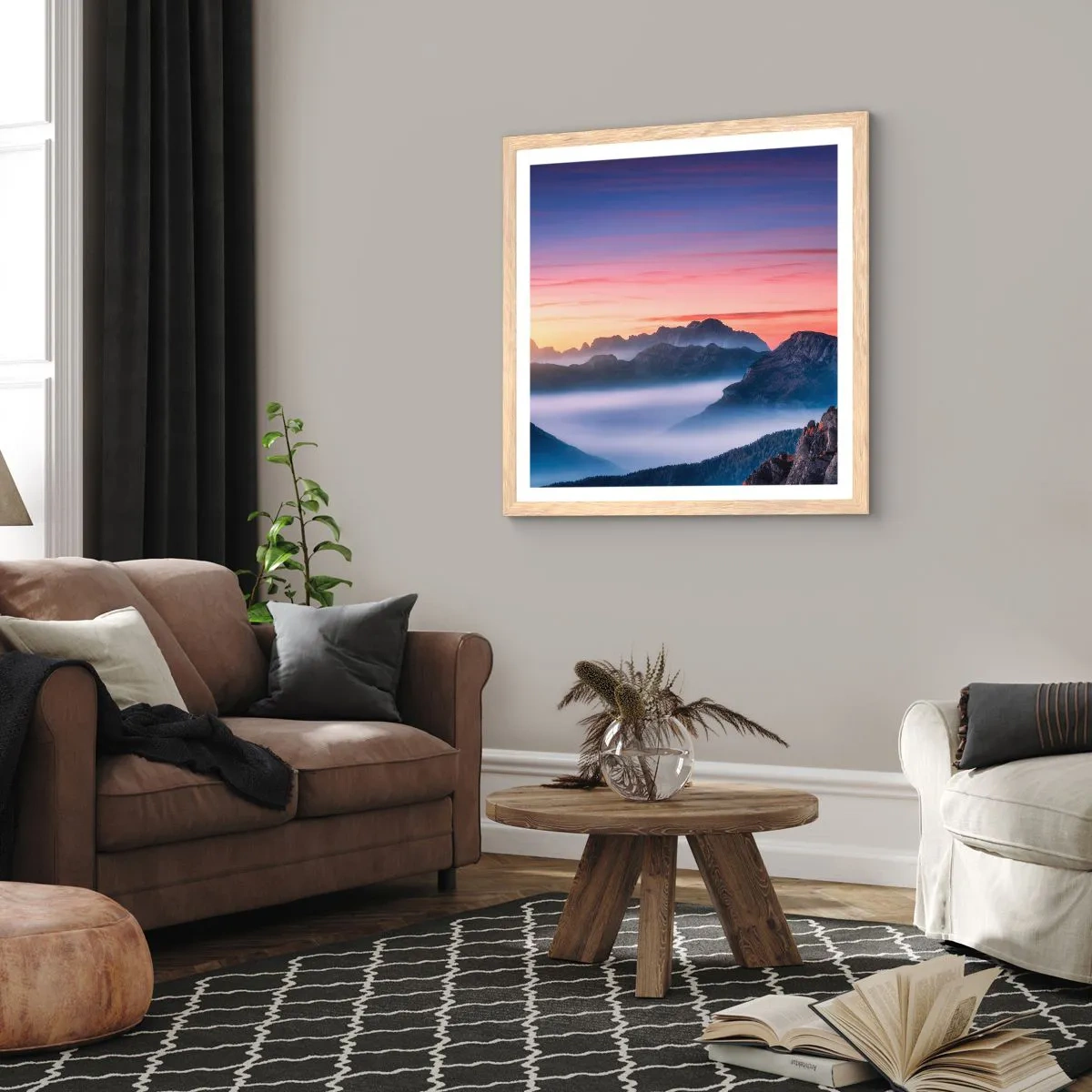 Plagát v ráme zo svetlého duba - Nad údoliami - 50x50 cm