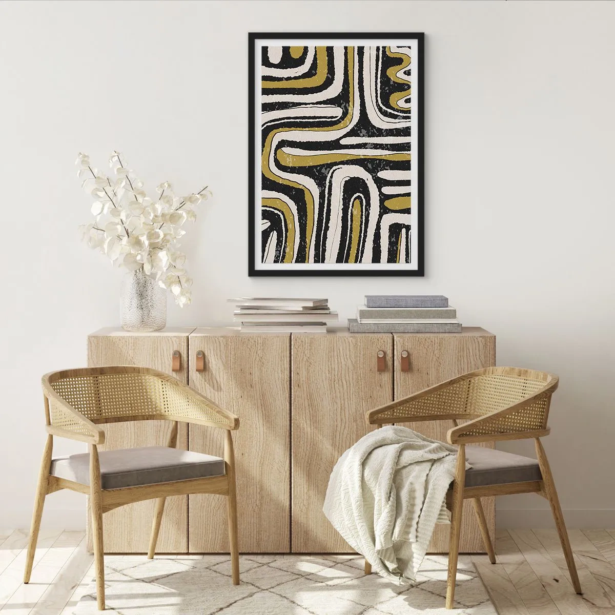 Plagát v čiernom ráme - Geometrická abstrakcia v čiernej, béžovej a zlatej farbe - 50x70cm - Kompozícia: trakty a uličky - Moderná nástenná dekorácia do obývacej izby a spálne ARTTOR