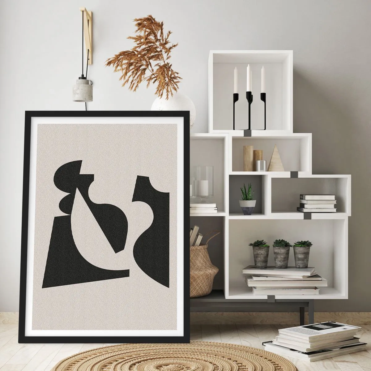 Plagát v čiernom ráme - Abstraktná geometrická kompozícia v čiernej a béžovej farbe - 50x70cm - Na samostatné ukladanie - Moderná nástenná dekorácia do obývacej izby a spálne ARTTOR