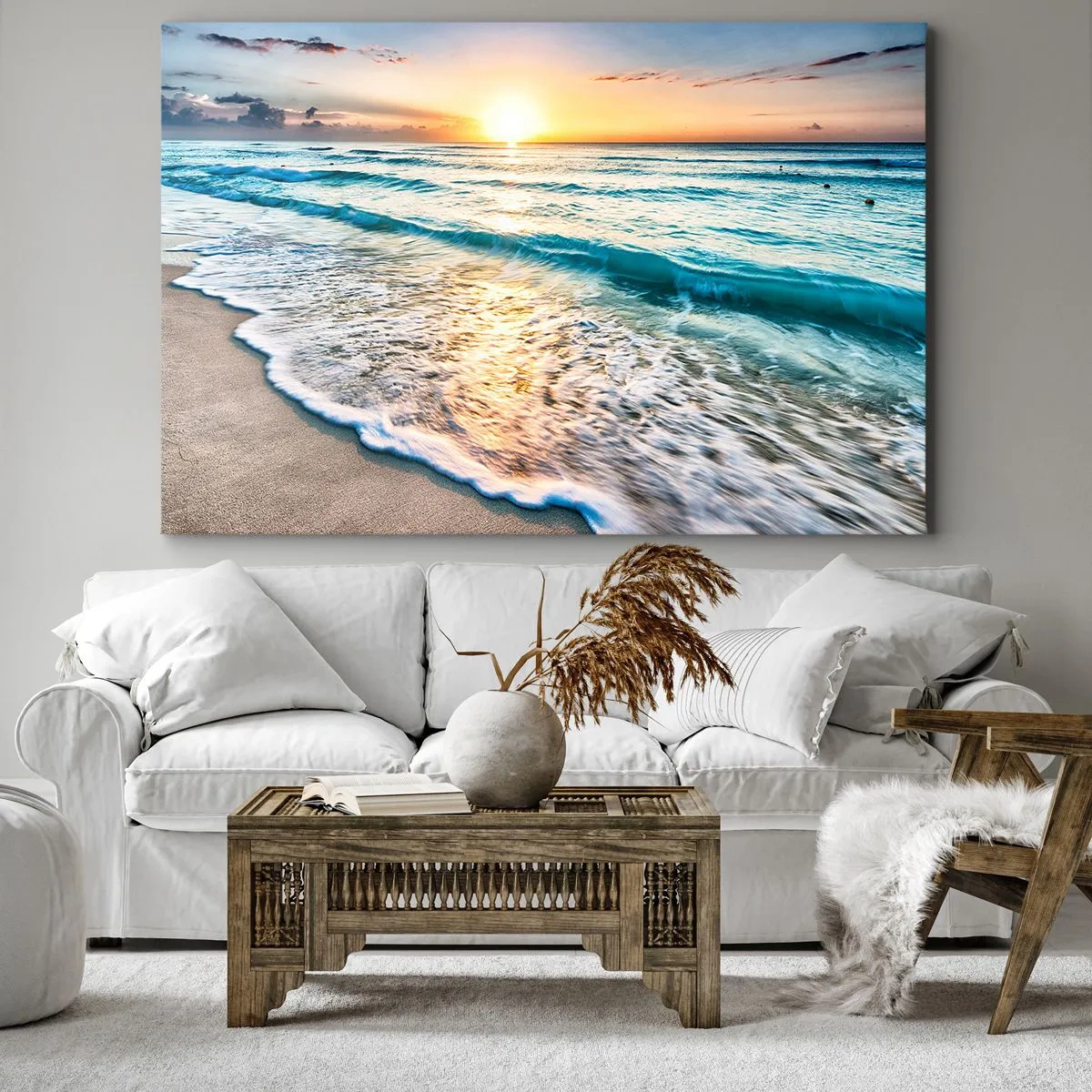 Obraz na plátne - Východ slnka nad tichou plážou s vlnami - 70x50cm - Výhľad, ktorý stojí za to - Moderná nástenná dekorácia do obývacej izby a spálne ARTTOR