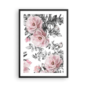 Plagát v čiernom ráme - Ružové ruže na pozadí čiernych a bielych listov - 50x70cm - Stratiť sa v kvetoch ruží - Moderná nástenná dekorácia do obývacej izby a spálne ARTTOR