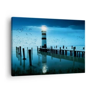 Obraz na plátne - Maják na móle osvetlený v noci - 70x50cm - A nebojíš sa tmy - Moderná nástenná dekorácia do obývacej izby a spálne ARTTOR