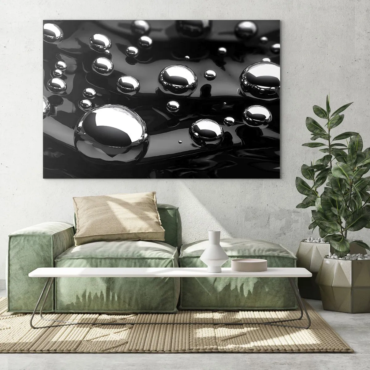 Obraz na skle - Kovové kvapky na čiernom povrchu - 70x50cm - Z čiernej tône - Moderná nástenná dekorácia do obývacej izby a spálne ARTTOR