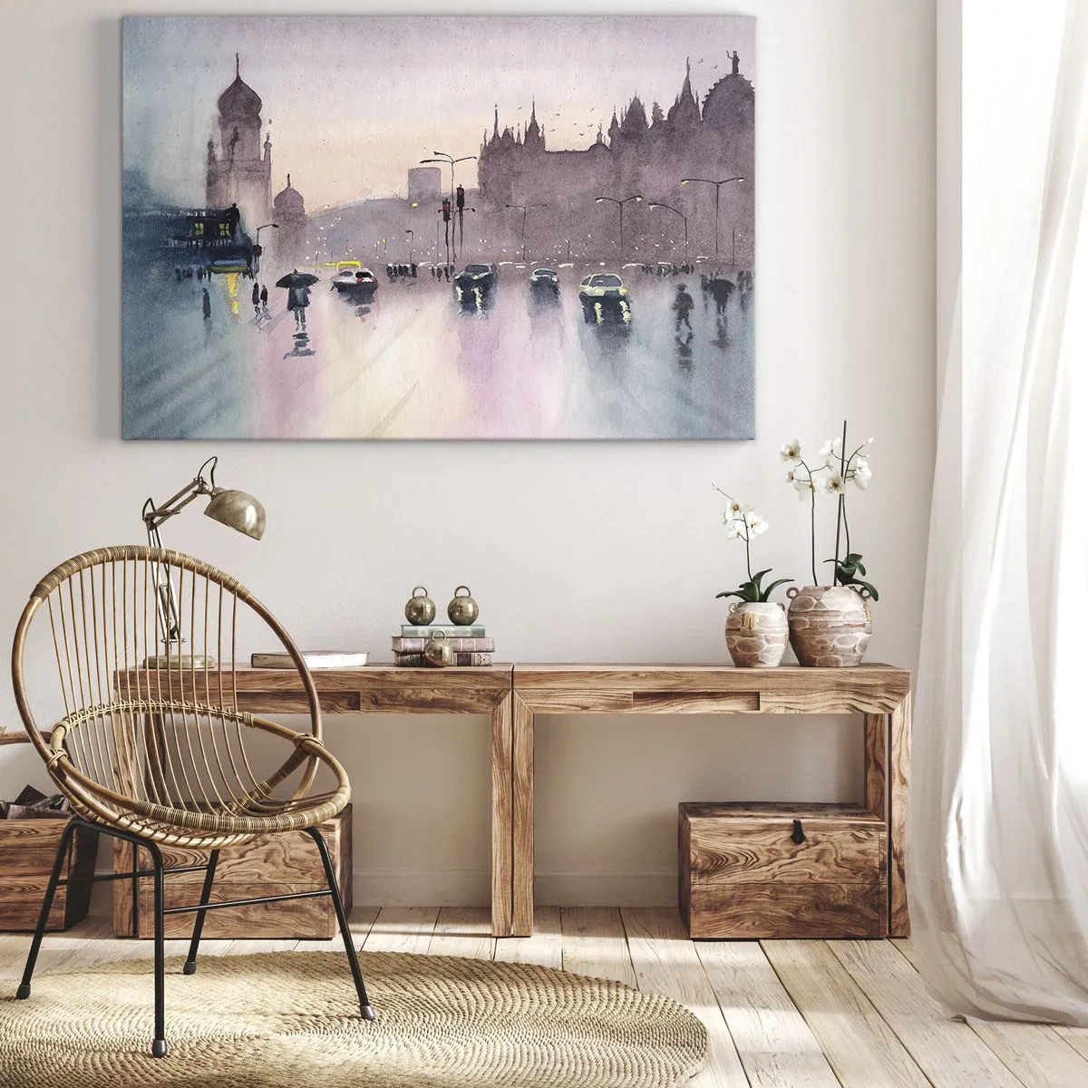 Obraz na plátne - Mestská ulica za súmraku v akvarelovom štýle - 70x50cm - V daždivom opare - Moderná nástenná dekorácia do obývacej izby a spálne ARTTOR