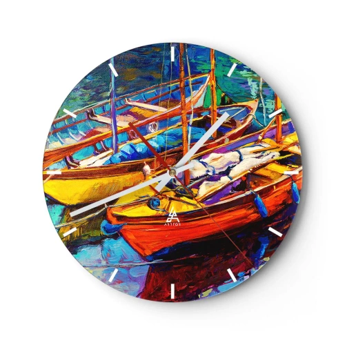 Nástenné hodiny - Farebné lode v prístave - 30x30cm - Na vode hustej od farieb - Moderná nástenná dekorácia do obývacej izby, kuchyne a spálne ARTTOR