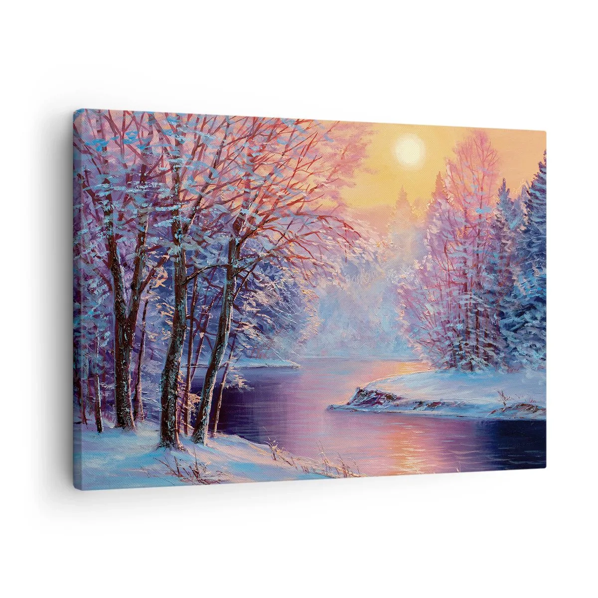 Obraz na plátne - Zimná krajina s riekou a stromami pri východe slnka - 70x50cm - Farby zimy - Moderná nástenná dekorácia do obývacej izby a spálne ARTTOR