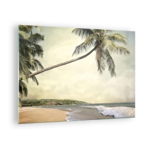 Obraz na skle - Tropická pláž s palmou a vlnami - 70x50cm - Tropický sen - Moderná nástenná dekorácia do obývacej izby a spálne ARTTOR