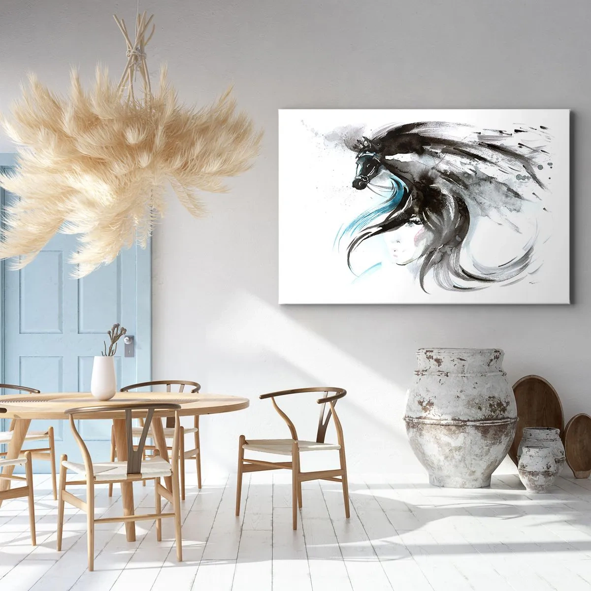 Obraz na plátne - Žena a kôň v mystickom akvarelovom obraze plnom dynamiky - 70x50cm - Cval Čierneho kniežaťa - Moderná nástenná dekorácia do obývacej izby a spálne ARTTOR