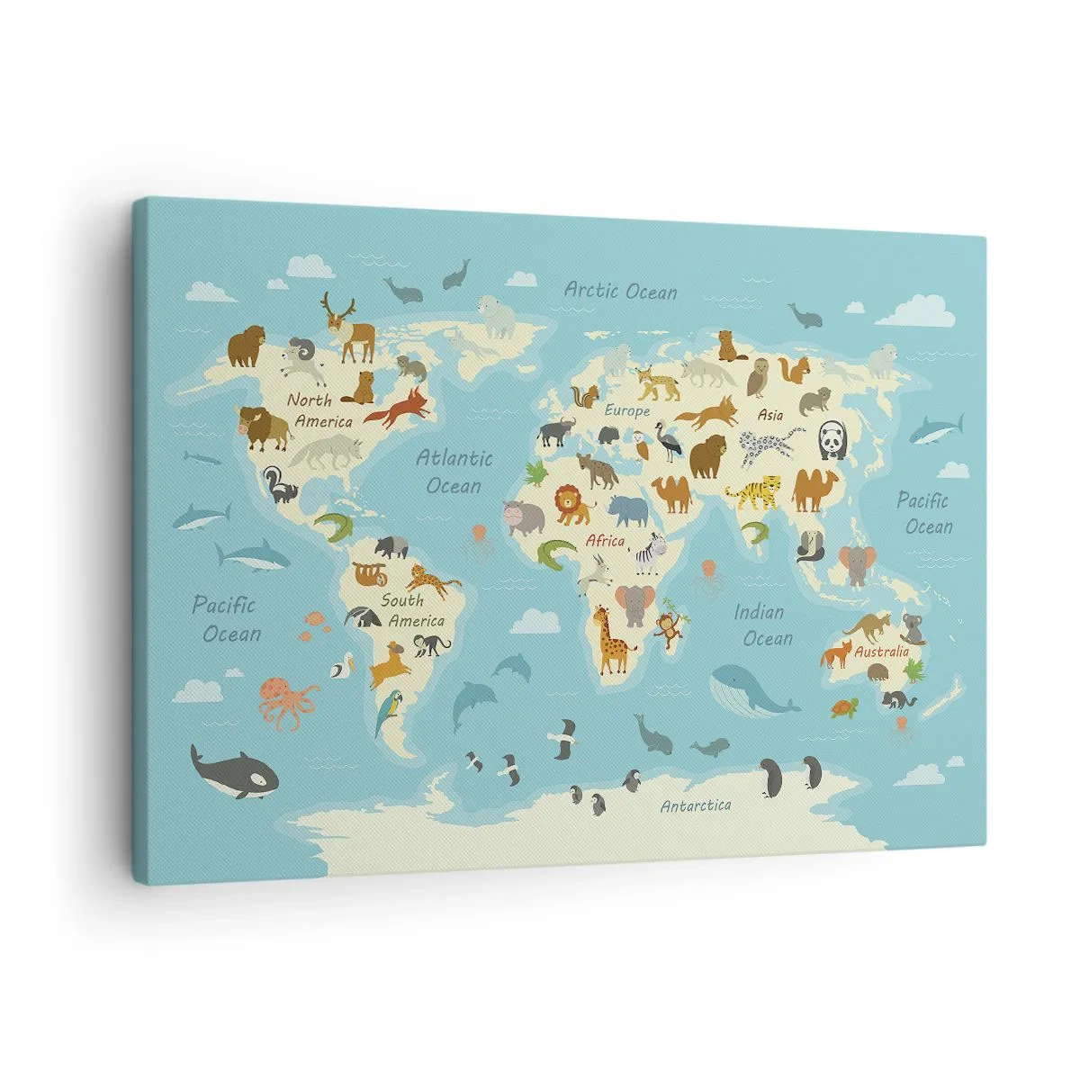 Obraz na plátne - Mapa sveta s ilustráciami zvierat - 70x50cm - Dobrí susedia - Moderná nástenná dekorácia do obývacej izby a spálne ARTTOR
