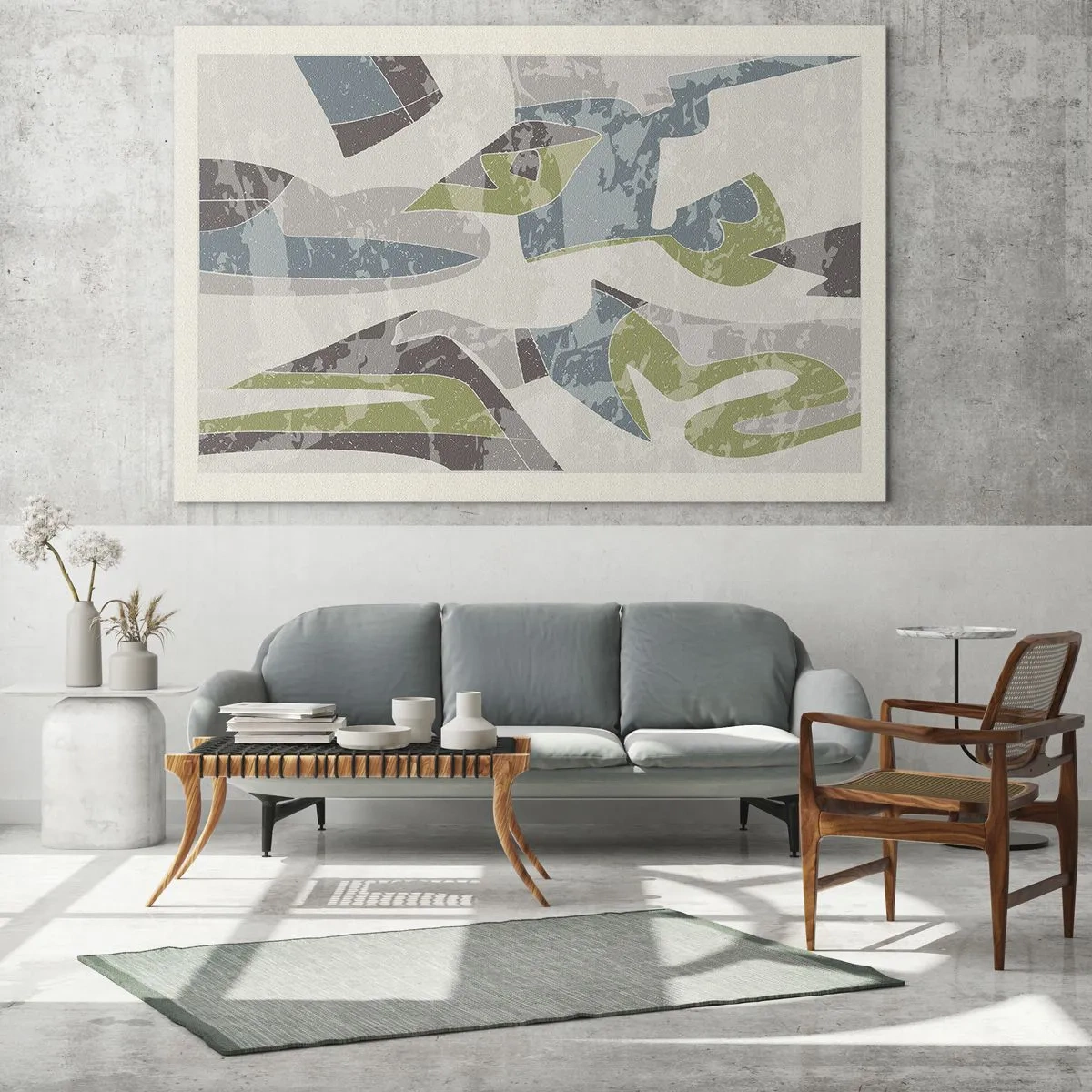 Obraz na skle - Geometrická kompozícia v zelenej a sivej farbe - 70x50cm - Kompozícia za sklom - Moderná nástenná dekorácia do obývacej izby a spálne ARTTOR