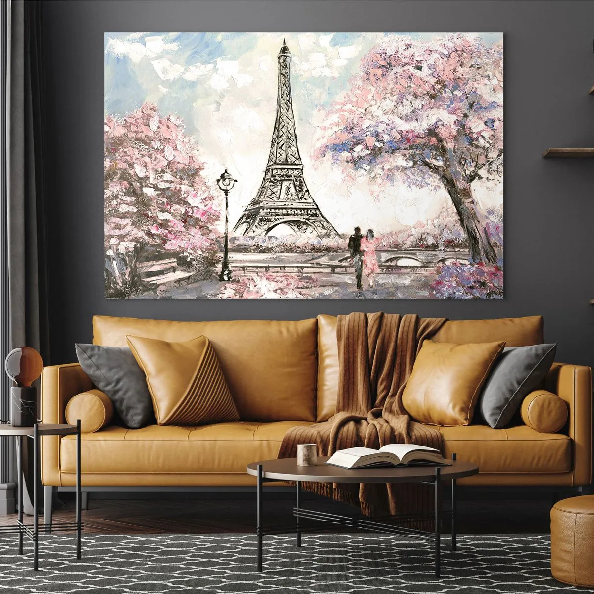 Obraz na skle - Ilustrácia Eiffelovej veže v jarnom prostredí - 70x50cm - Aprílová prechádzka Parížom - Moderná nástenná dekorácia do obývacej izby a spálne ARTTOR