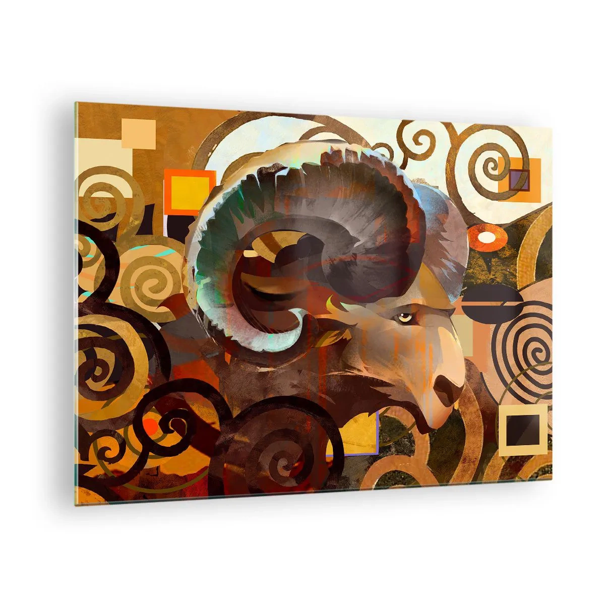 Obraz na skle - Umelecký obraz barana v geometrickej a špirálovej kompozícii. - 70x50cm - Mágia - náboženstvo - rituály - Moderná nástenná dekorácia do obývacej izby a spálne ARTTOR