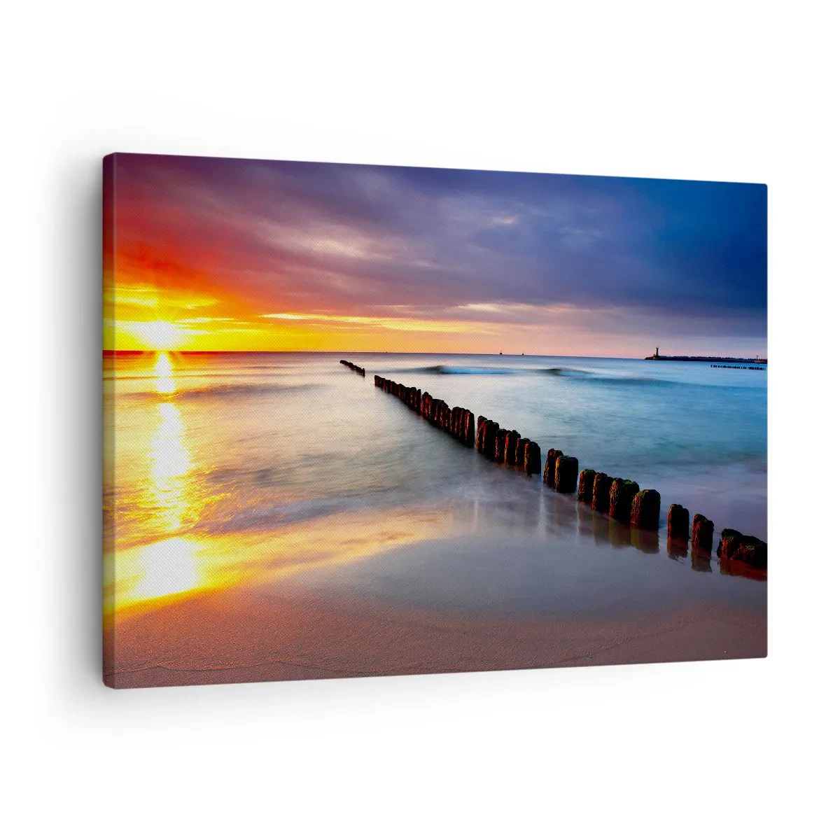 Obraz na plátne - Západ slnka nad morom s vlnolamom v popredí - 70x50cm - Počúvaj ticho - Moderná nástenná dekorácia do obývacej izby a spálne ARTTOR