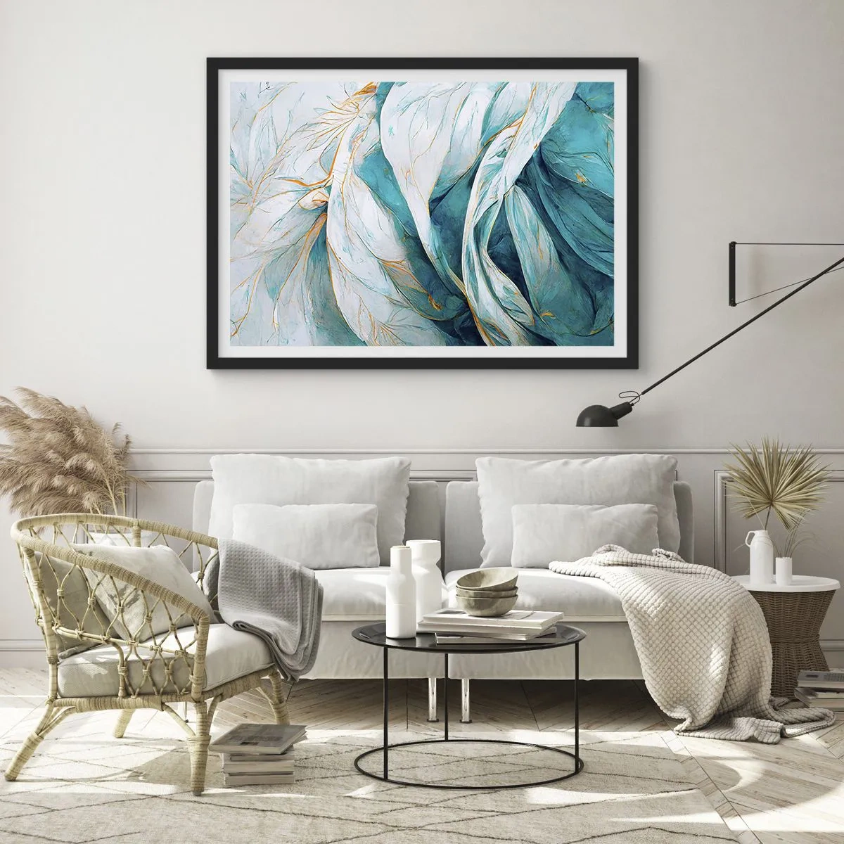 Plagát v čiernom ráme - Modrá abstrakcia so zlatým motívom - 70x50 cm