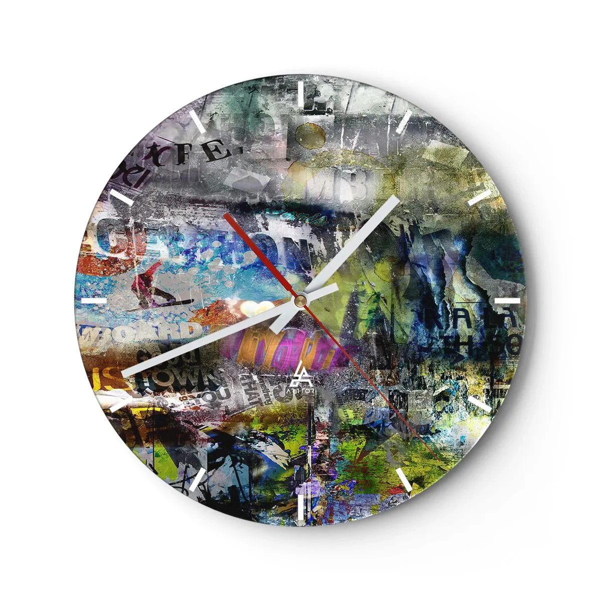 Nástenné hodiny - Abstraktná koláž v rôznych farbách s nápismi - 30x30cm - Koláž spomienok - Moderná nástenná dekorácia do obývacej izby, kuchyne a spálne ARTTOR