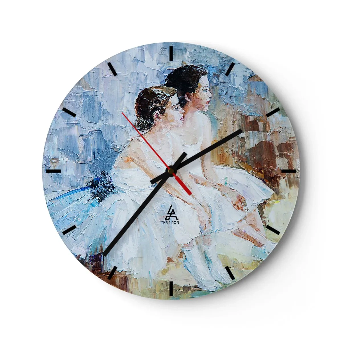 Nástenné hodiny - Obraz dvoch odpočívajúcich baletín, namaľovaný v pastelových farbách. - 30x30cm - Odpočinok mladých labutí - Moderná nástenná dekorácia do obývacej izby, kuchyne a spálne ARTTOR