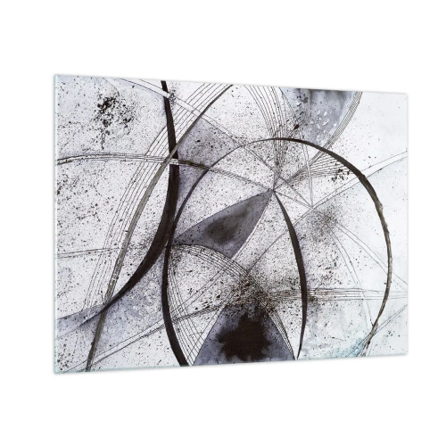 Obraz na skle - Čiernobiela kompozícia pretínajúcich sa čiar a geometrických oblúkov. - 70x50cm - Futuristická fantázia - Moderná nástenná dekorácia do obývacej izby a spálne ARTTOR