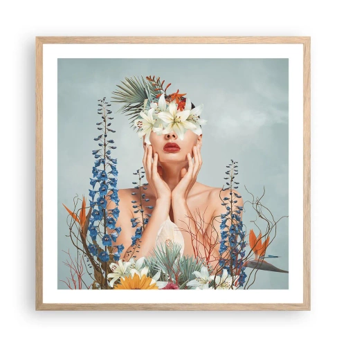 Plagát v ráme zo svetlého duba - Žena – kvetina - 60x60 cm