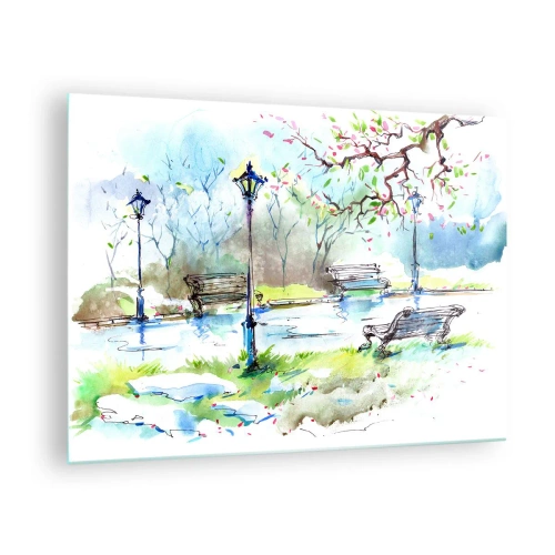 Obraz na skle - Akvarelová maľba parkovej scény s lavičkami a lampášmi - 70x50cm - Kúzlo parkového ticha - Moderná nástenná dekorácia do obývacej izby a spálne ARTTOR