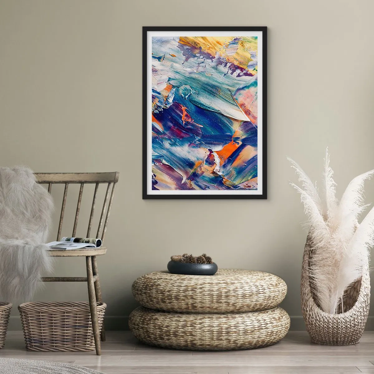 Plagát v čiernom ráme - Abstraktná kompozícia s farebnými ťahmi farby - 50x70cm - Chaos farieb - Moderná nástenná dekorácia do obývacej izby a spálne ARTTOR