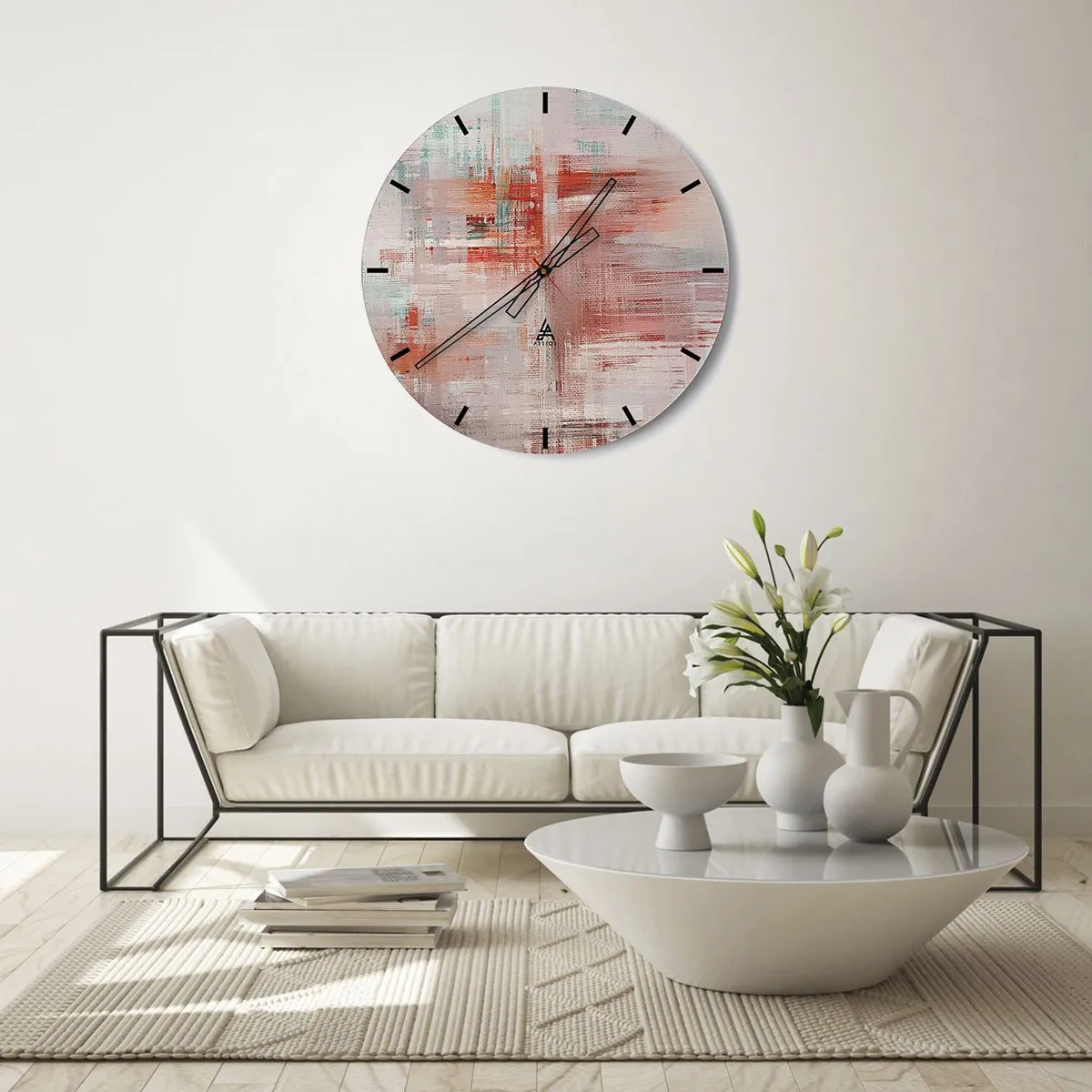 Nástenné hodiny - Abstraktná kompozícia ťahov v odtieňoch ružovej a bielej. - 30x30cm - Zahmlené. Ale ružové - Moderná nástenná dekorácia do obývacej izby, kuchyne a spálne ARTTOR