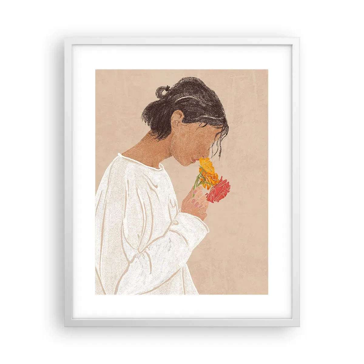Plagát v bielom ráme - Dievča a kvety - 40x50 cm
