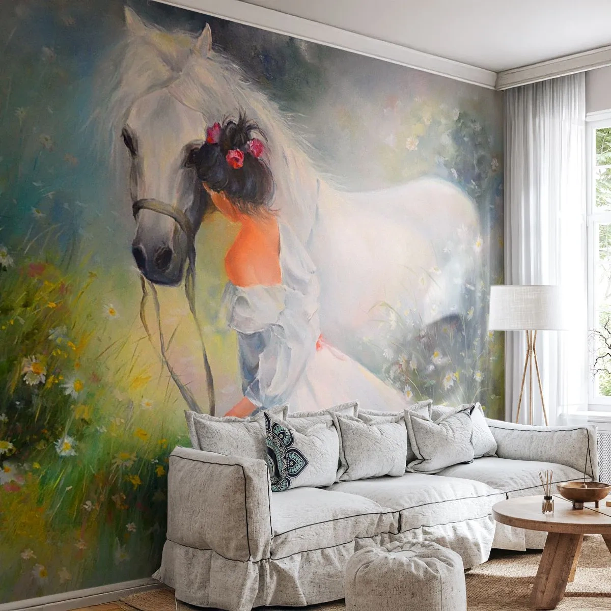 Samolepiaca Fototapeta Deluxe Sticker - Ako z krásneho sna - Žena, Kôň, Lúka - 200x140 cm