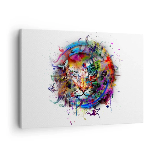 Obraz na plátne - Farebný portrét leva v abstraktnom štýle - 70x50cm - Skrýva sa za dúhovým závojom - Moderná nástenná dekorácia do obývacej izby a spálne ARTTOR