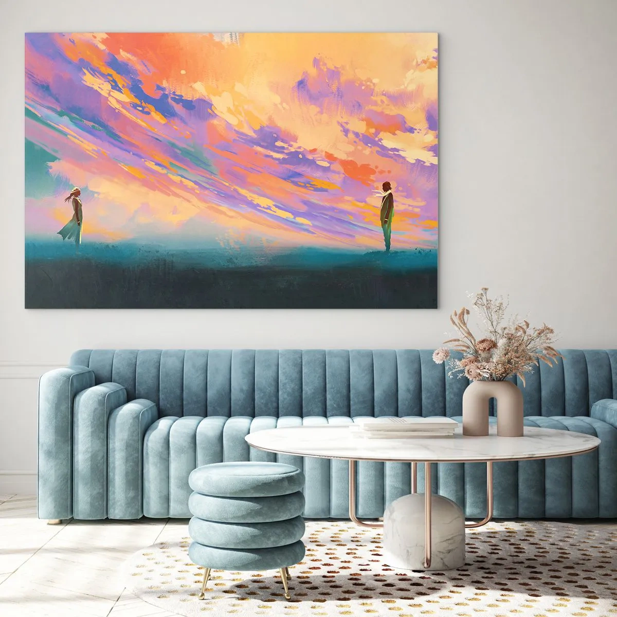 Obraz na skle - Dvaja ľudia na pozadí farebnej oblohy pri západe slnka - 70x50cm - Sila príťažlivosti - Moderná nástenná dekorácia do obývacej izby a spálne ARTTOR