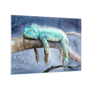 Obraz na skle - Modrý iguana ležiaci na konári v akvarelovom štýle - 70x50cm - Je fajn! - Moderná nástenná dekorácia do obývacej izby a spálne ARTTOR