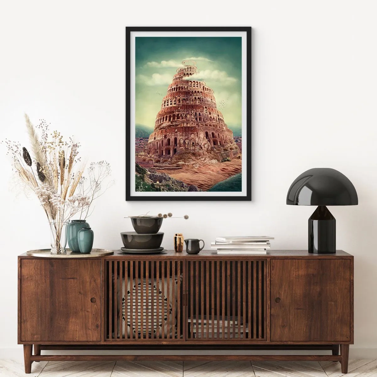 Plagát v čiernom ráme - Mýtická Babylonská veža v malebnej krajine - 50x70cm - Babylonská veža - Moderná nástenná dekorácia do obývacej izby a spálne ARTTOR