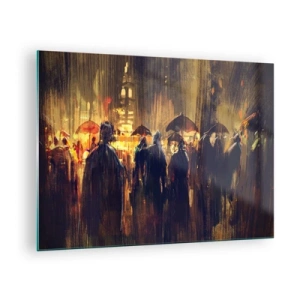 Obraz na skle - Dav s dáždnikmi v daždi na pozadí svetiel mesta - 70x50cm - Nasledovníci dažďa - Moderná nástenná dekorácia do obývacej izby a spálne ARTTOR