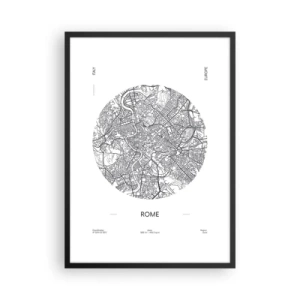 Plagát v čiernom ráme - Minimalistická mapa Ríma v čiernobielej farbe. - 50x70cm - Anatómia Ríma - Moderná nástenná dekorácia do obývacej izby a spálne ARTTOR